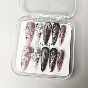 Pink & Black Gothic Stiletto Press On Nails Featuring Evil Eye, Cross & Floral